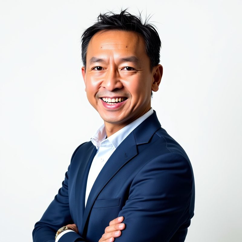 David Pham smiling, arms crossed, in a navy suit